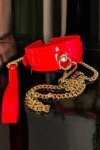 Collier en cuir haute brillance avec une laisse amovible - rouge/or