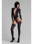 Body string Pure Tentation à col V en tulle manches longues à jarretelles amovibles - noir/nude